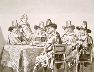 Zeventiende-eeuwse vergadering van een commissie van stadsnotabelen of iets dergelijks, rond een tafel, uit 1663 door Jan de Bray